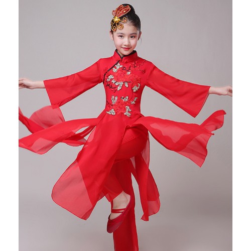 Girls chinese folk dance costumes red colored traditional hanfu ancient traditional yangko fan umbrella dance dresses 